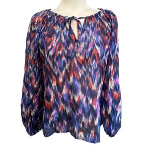 Tommy Bahama Womens Size S Tunic Top Blouse Cotton Silk Blend Ikat Print Tie Nec
